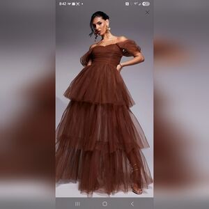 Elegant Brown Tulle Off-Shoulder Dress